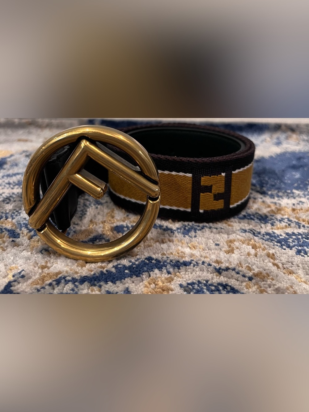 Fendi Brown & Yellow Logo Webbing Belt with Gold-Tone Round Buckle